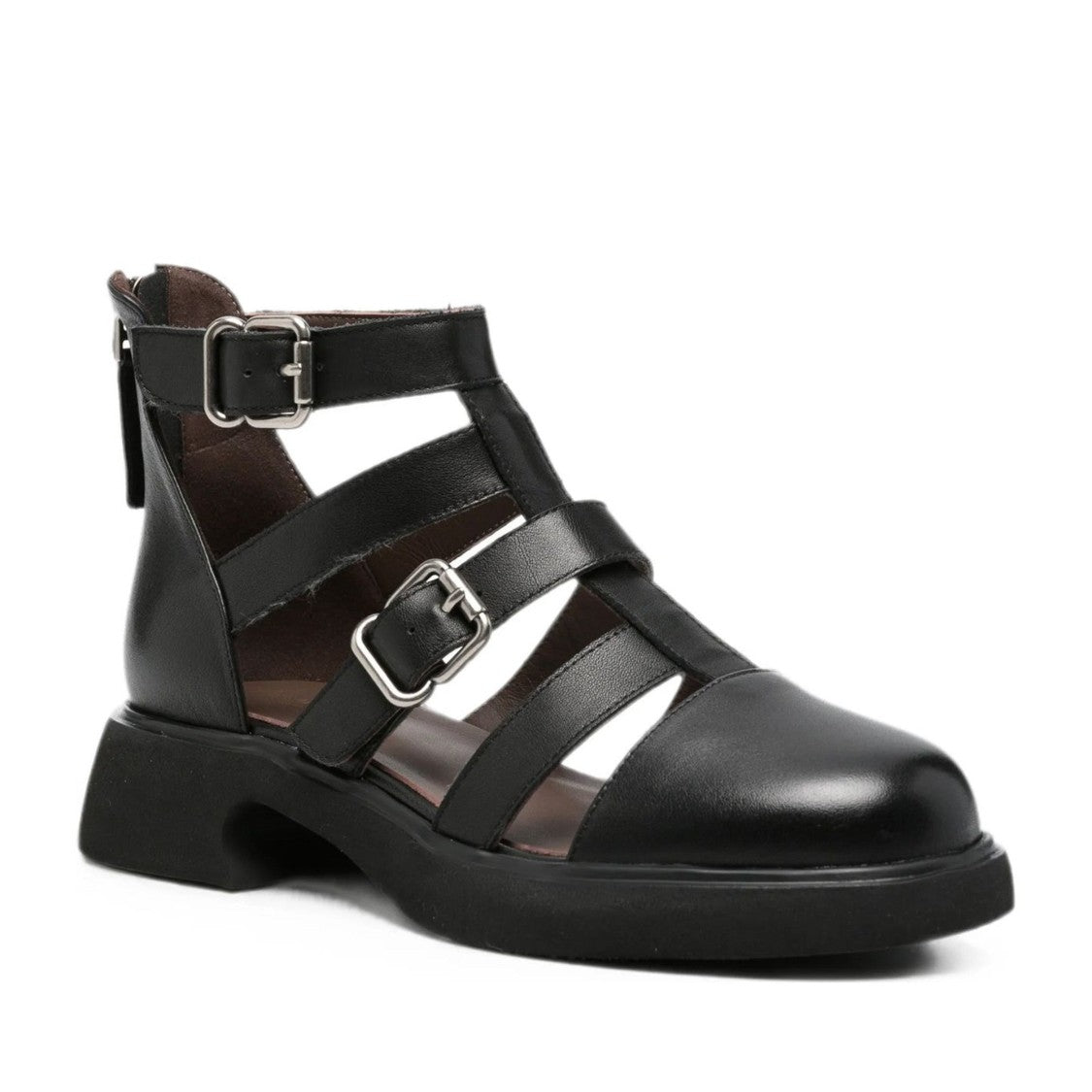 Sergio Moretti Black Adjustable Strap Zipper Leather Sandals