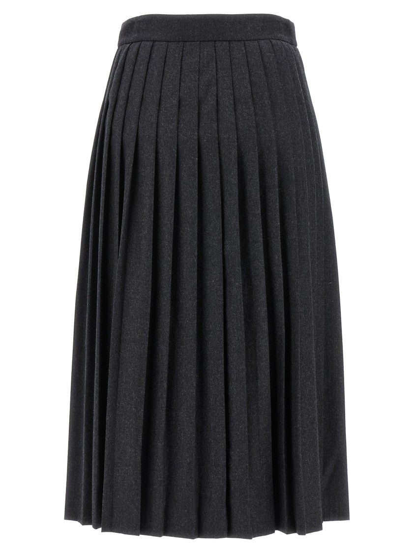 Prada Wool Midi Skirt With Structured Pleats And Brooch Detail