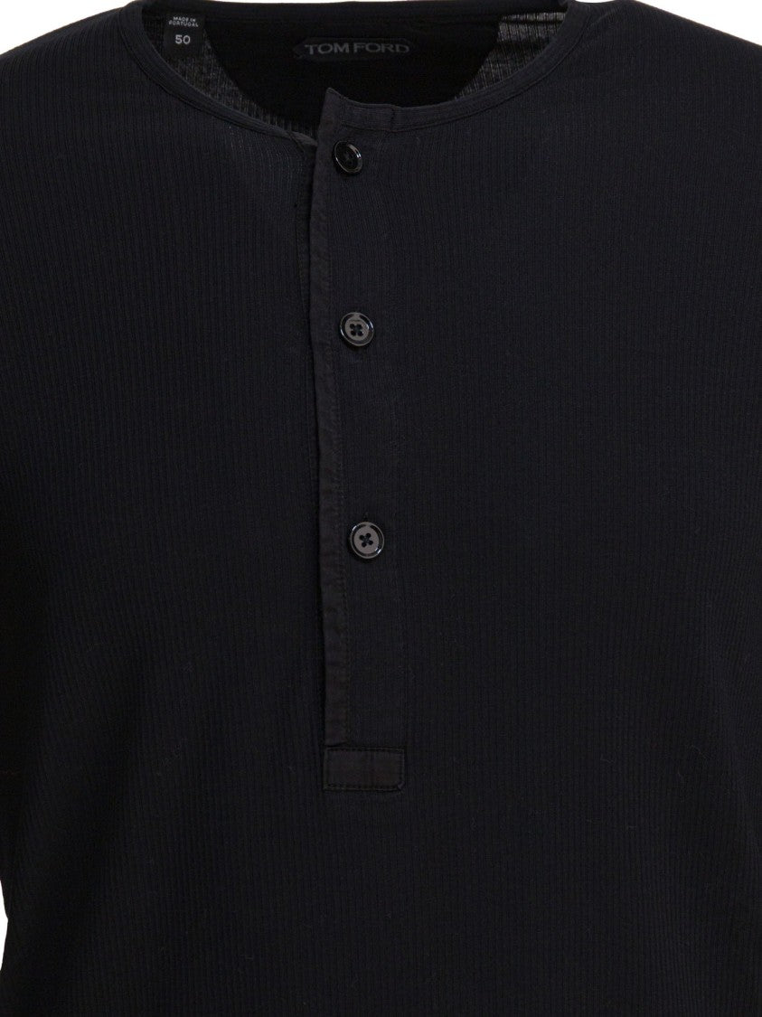 Tom Ford Ribbed Long-Sleeve Henley Shirt With Buttoned Placket