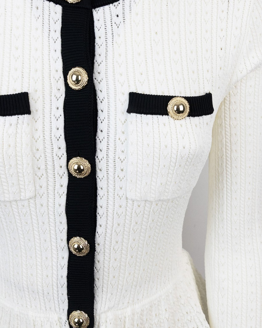 Self-Portrait White Pointelle Knit Contrast Midi Dress