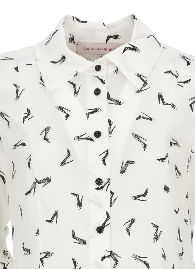 Carolina Herrera Ivory Good Girl Shoe Print Silk Shirt