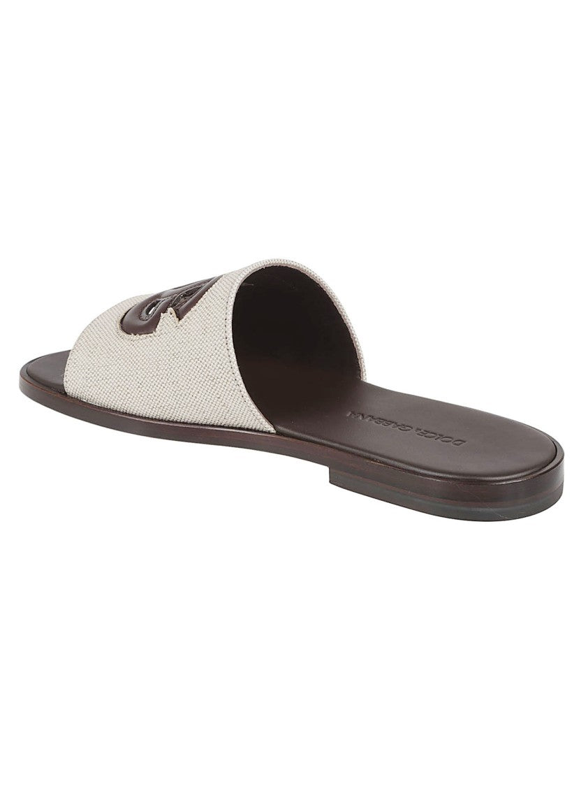 Dolce & Gabbana Textured Fabric Slide Sandals With Leather Emblem