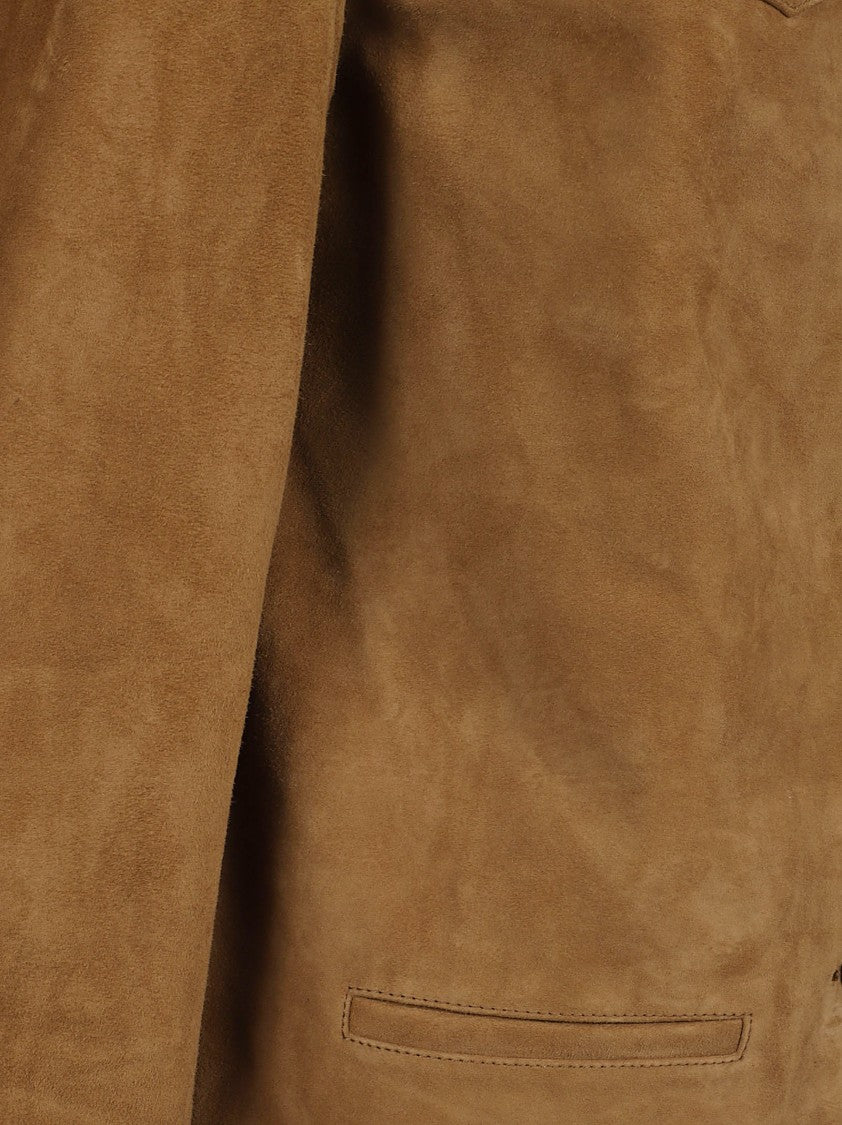 Tory Burch Structured Brown Goat Leather Jacket With Revere Collar