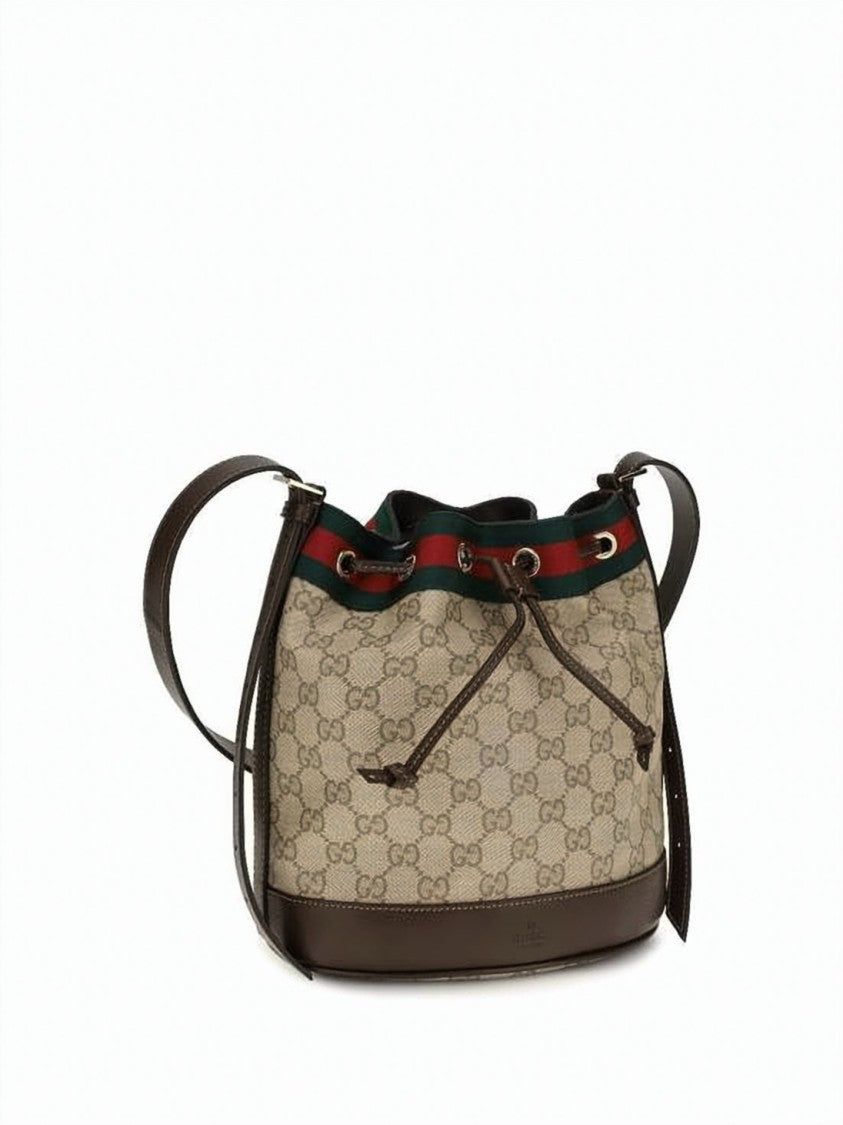 Gucci Canvas Bucket Shoulder Bag With Monogram Pattern And Leather Accents