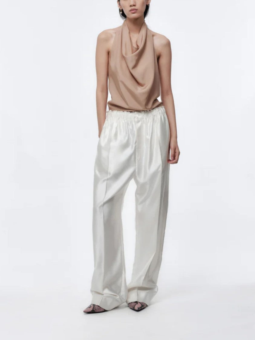 Carven White Cotton Satin Drawstring Wide-Leg Pants