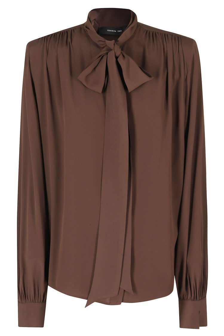 Federica Tosi Brown Padded Shoulders Bow-Tie Shirt