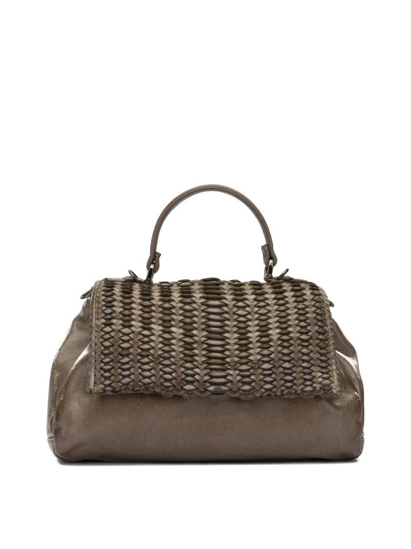 Giancarlo Nevola Medium Brown Leather Handbag With Woven Flap And Versatile Carrying Options