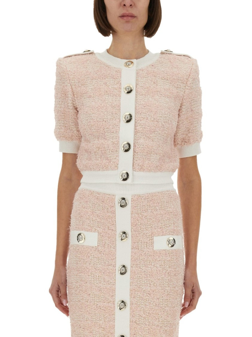 Balmain Cropped Textured Cardigan With Decorative Button Detail