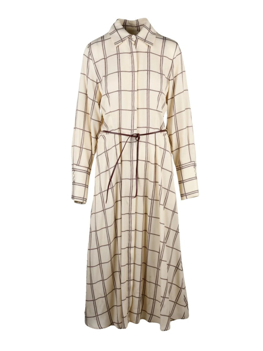 Crida Cream Checkered Belted Viscose Midi Shirt Dress