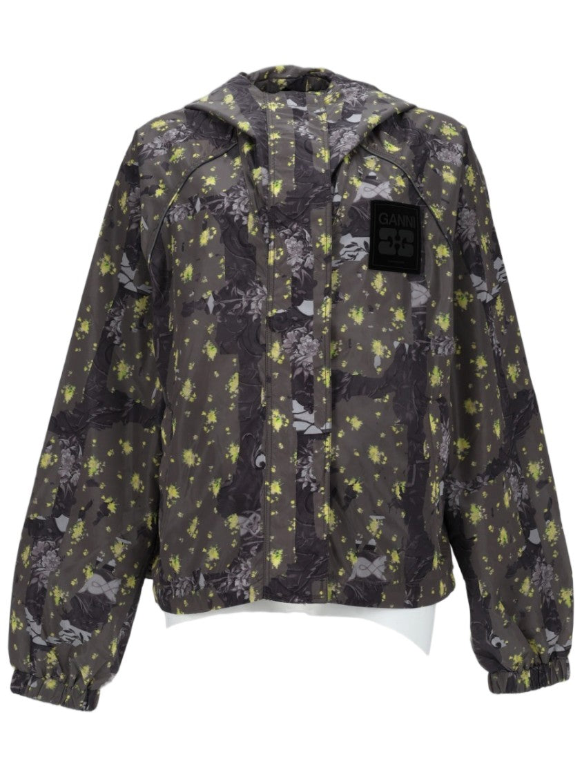 Ganni Abstract Floral Hood Elastic Cuffs Jacket