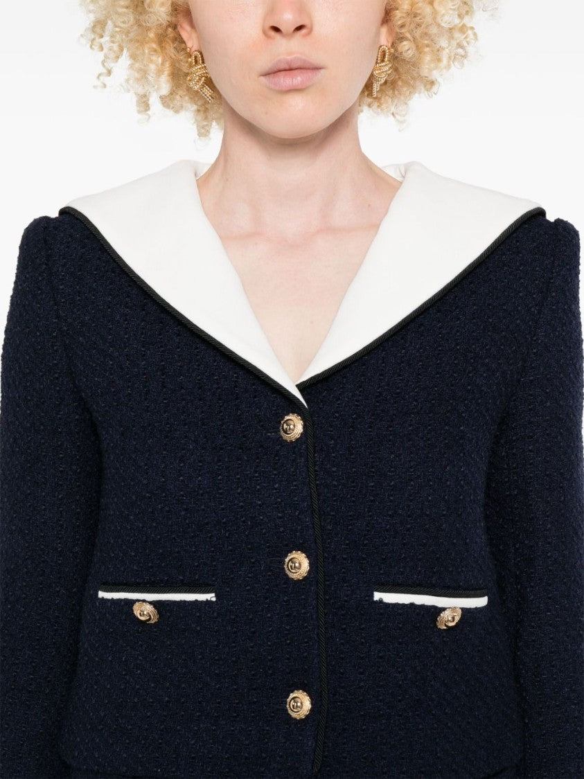 Self-Portrait Navy Blue Contrast Bouclé Collar Jacket