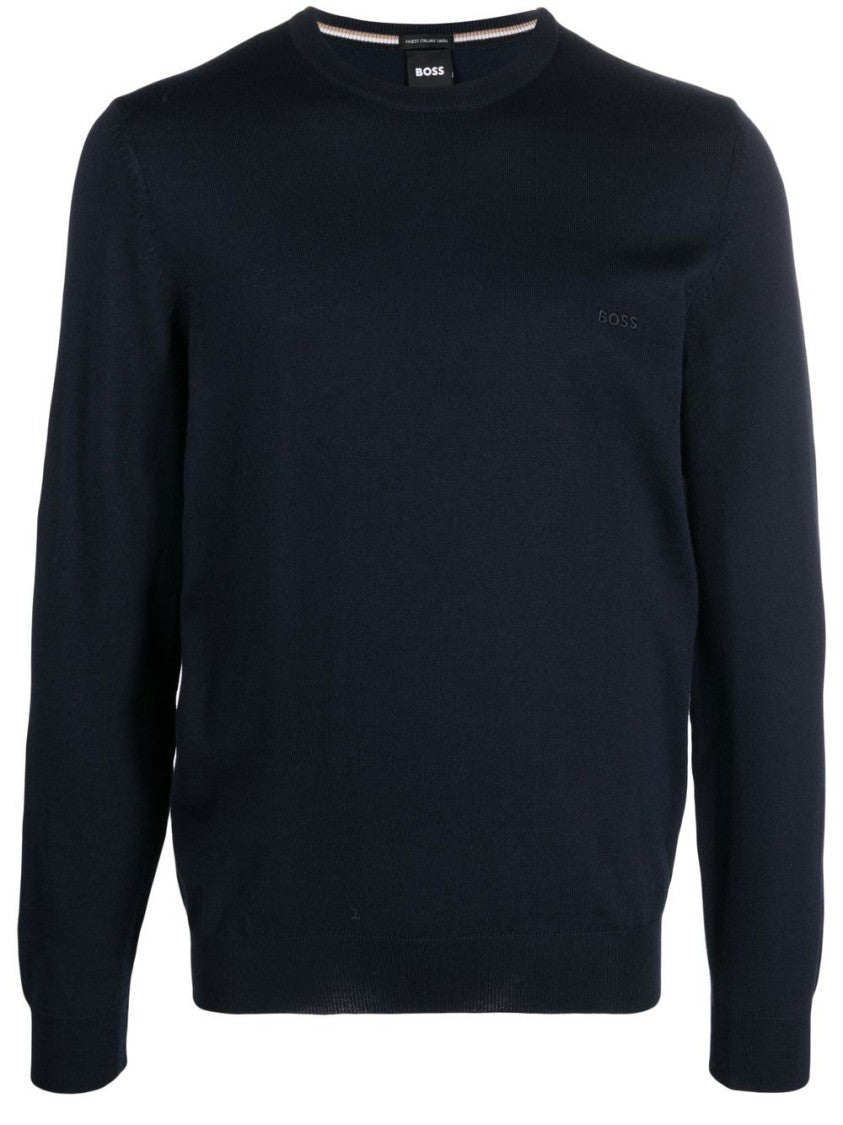 Boss Minimalist Blue Sweater With Classic Crew Neckline