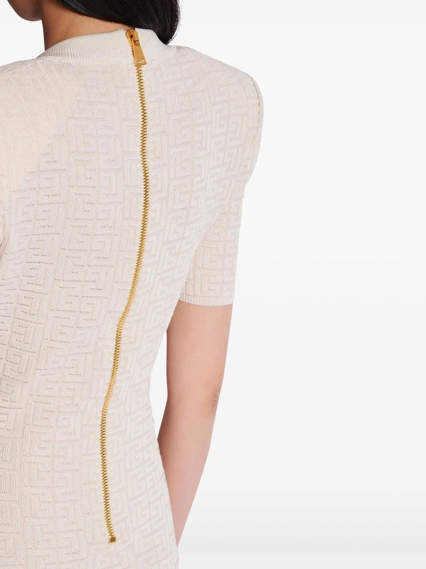 Balmain Neutral Knit Dress Textured Mini Dress