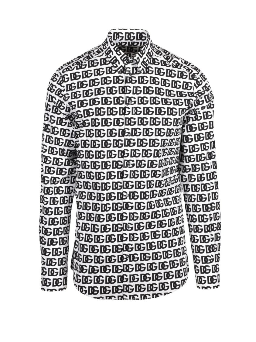 Dolce & Gabbana White/Black Logo Print Stretch Cotton Shirt