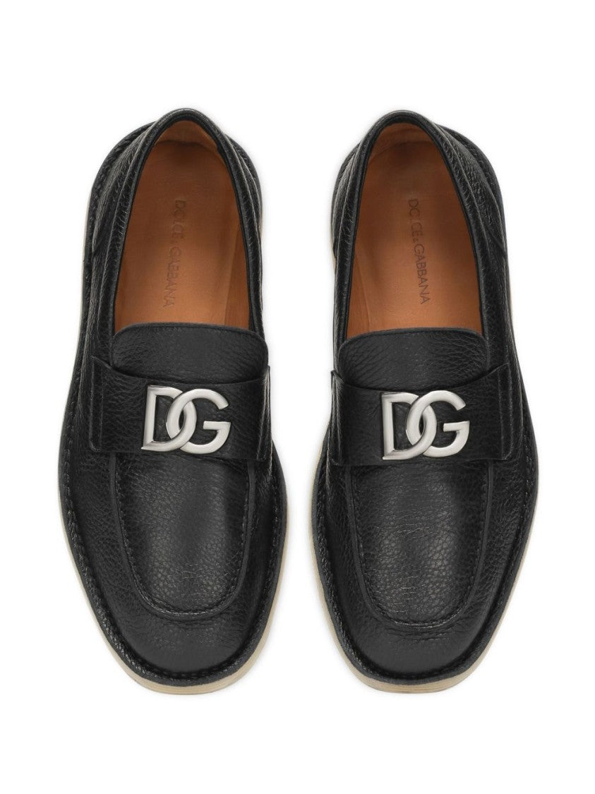 Dolce & Gabbana Slip-On Black Calf Leather Loafers With Deerskin Texture And Logo Plaque