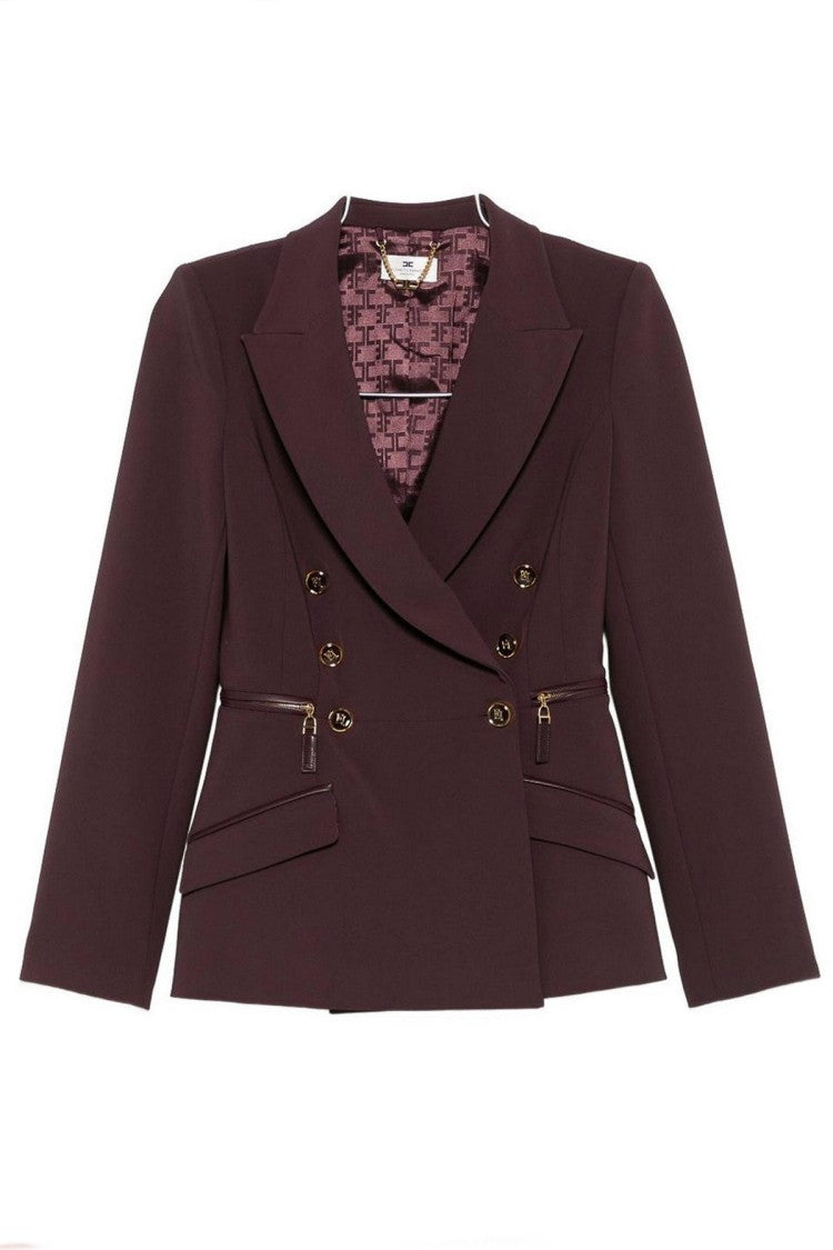 Elisabetta Franchi Burgundy Double-Breasted Gold Button Polyester-Blend Blazer
