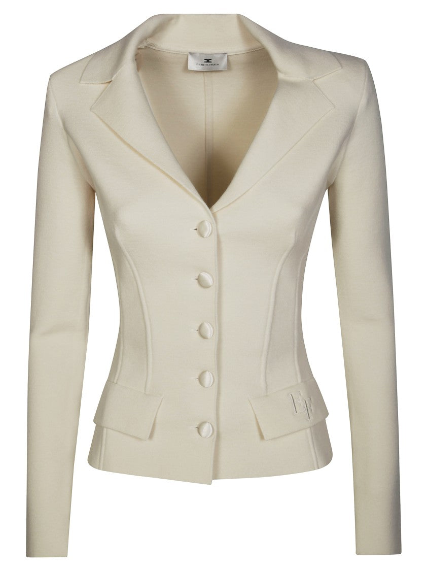 Elisabetta Franchi Fitted White Wool Jacket With Deep V-Neckline