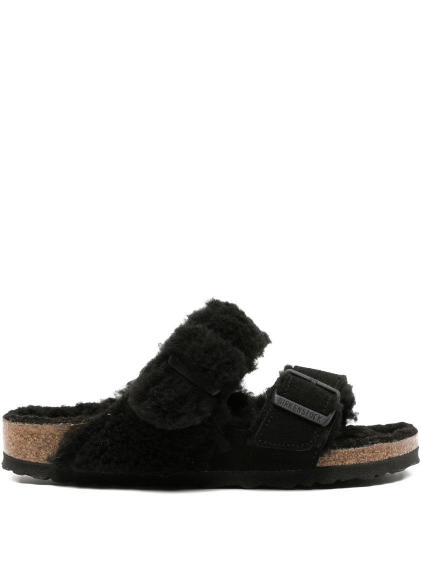 Birkenstock Plush Black Shearling Sandals With Adjustable Buckle