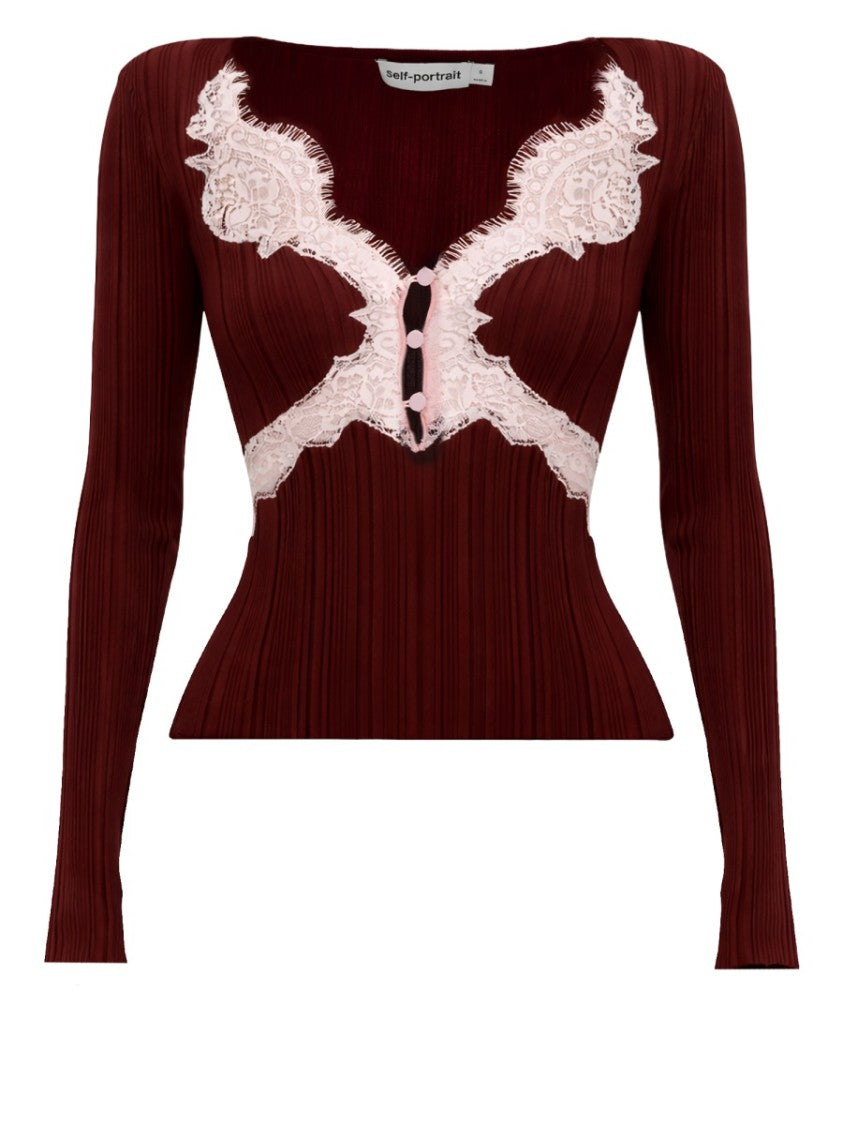 Self-Portrait Deep V Neck Lace Ribbed Top Blouse