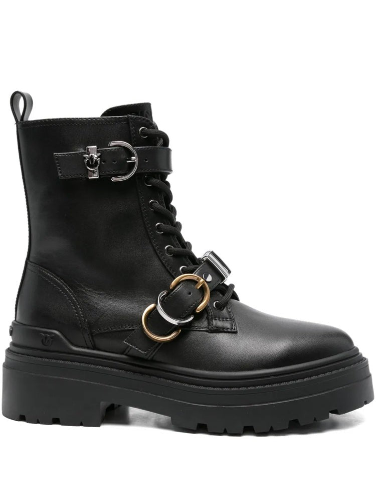 Pinko Black Mia 19 Lace-Up Buckle Straps Calf Leather Ankle Boots