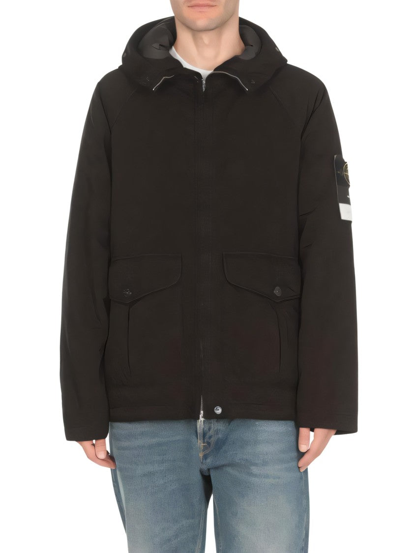 Stone Island Black Padded Jacket With Hood And Signature Logo