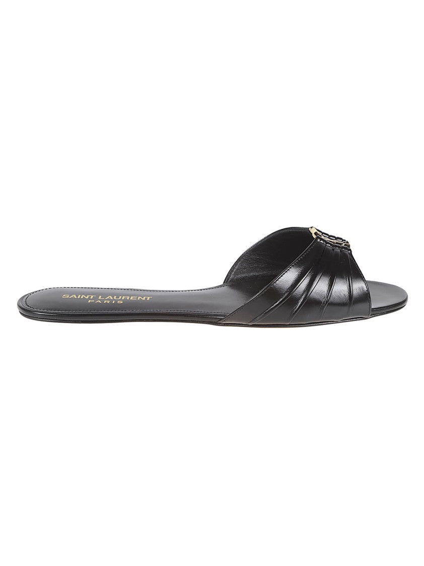 Saint Laurent Almond-Toe Ruched Upper Metallic Logo Flat Sandals