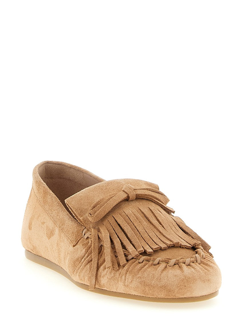Stuart Weitzman Suede Loafers With Tone-On-Tone Fringes And Decorative Bow