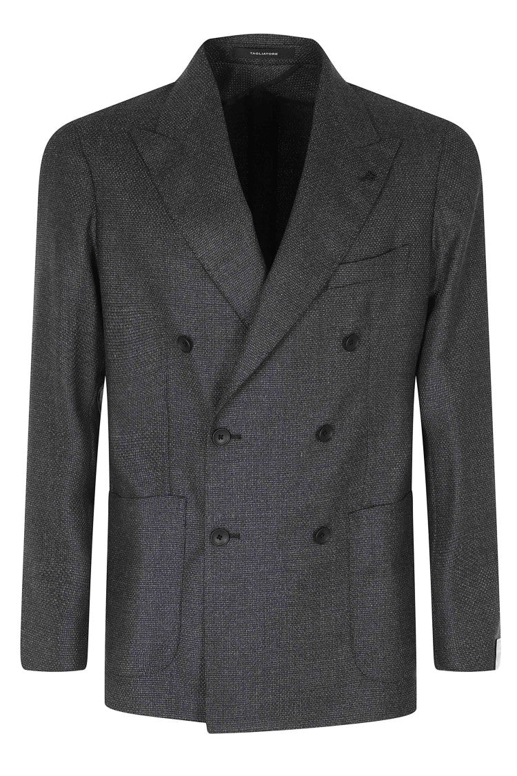Tagliatore Gray Double-Breasted Textured Wool-Blend Blazer