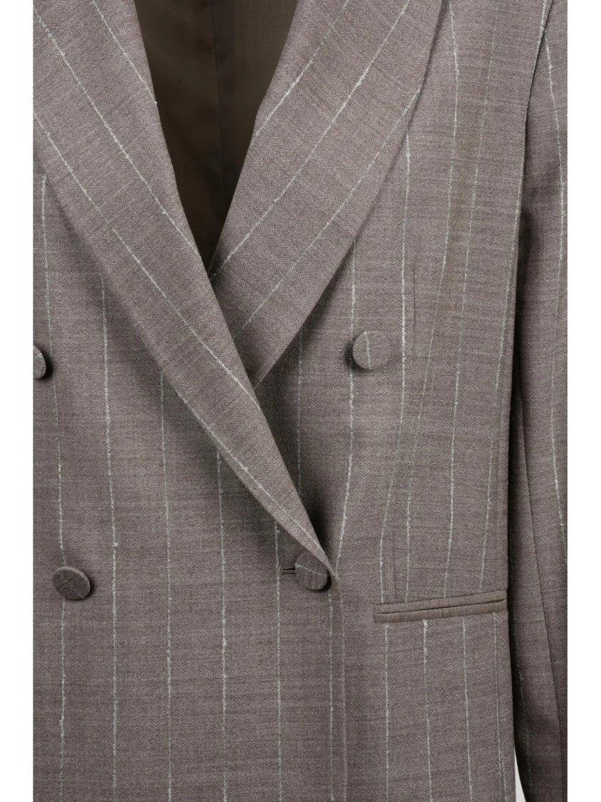 Antonelli Beige Pinstripe Double-Breasted Virgin Wool Blazer