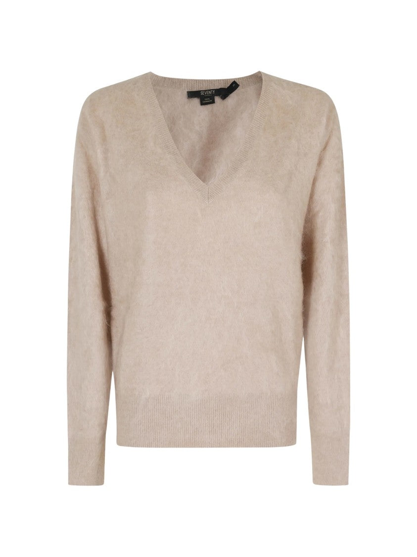 Seventy Venezia Beige Brushed Finish V-Neck Cashmere Sweater