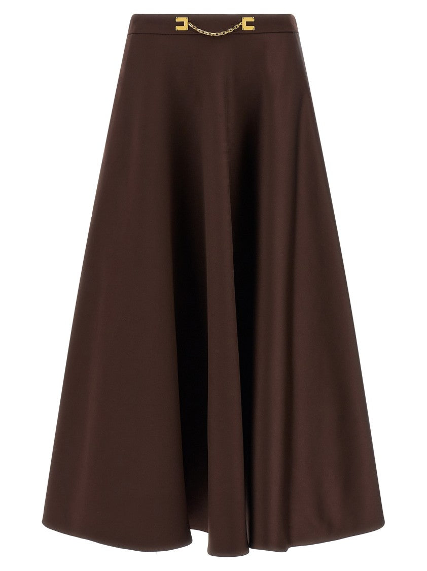 Elisabetta Franchi Flared Duchesse Midi Skirt With Decorative Metal Logo