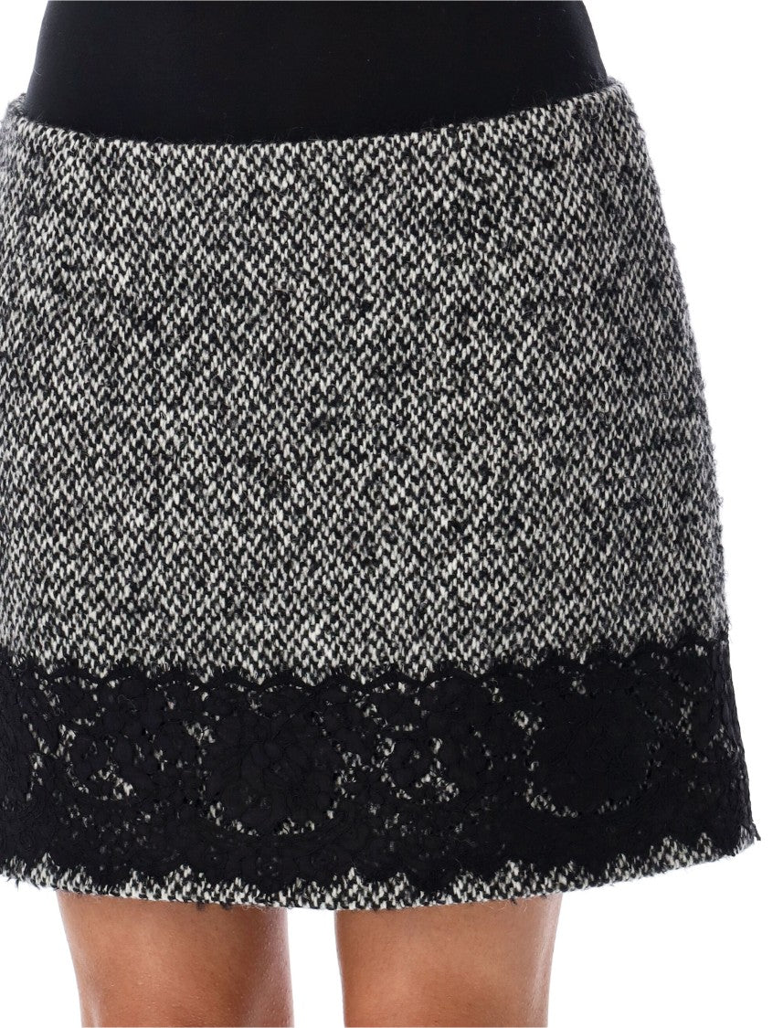 Dolce & Gabbana Short Micro-Tweed Skirt With Lace Insert