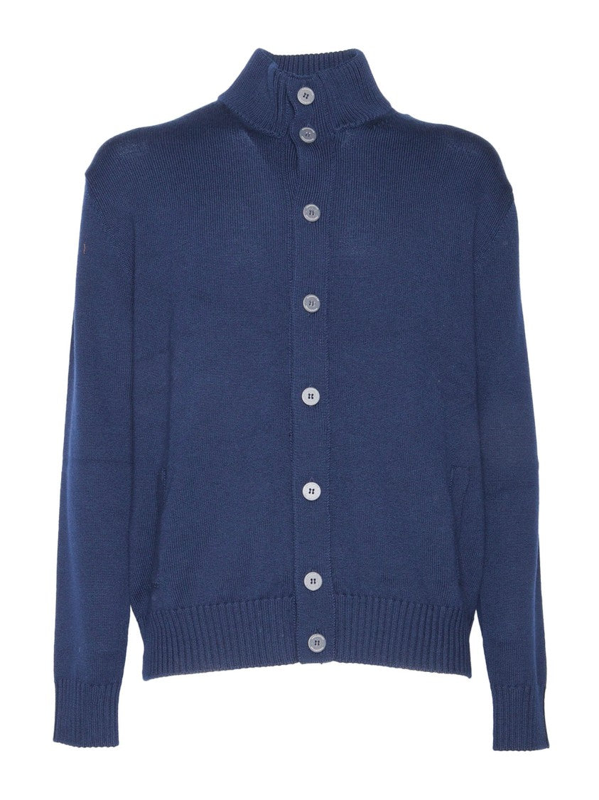Ballantyne Blue High Collar Ribbed Full-Button Cardigan