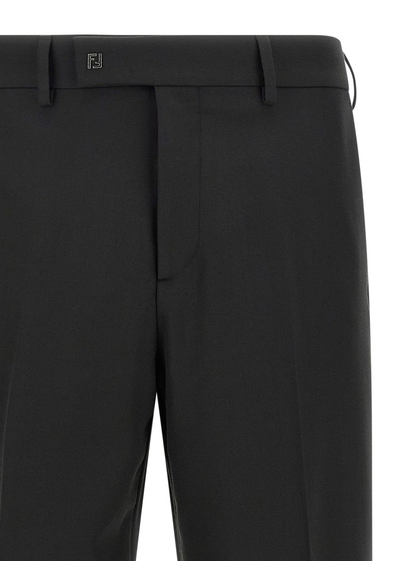 Fendi Straight Leg Wool Gabardine Trousers With Pleat And Logo Closure