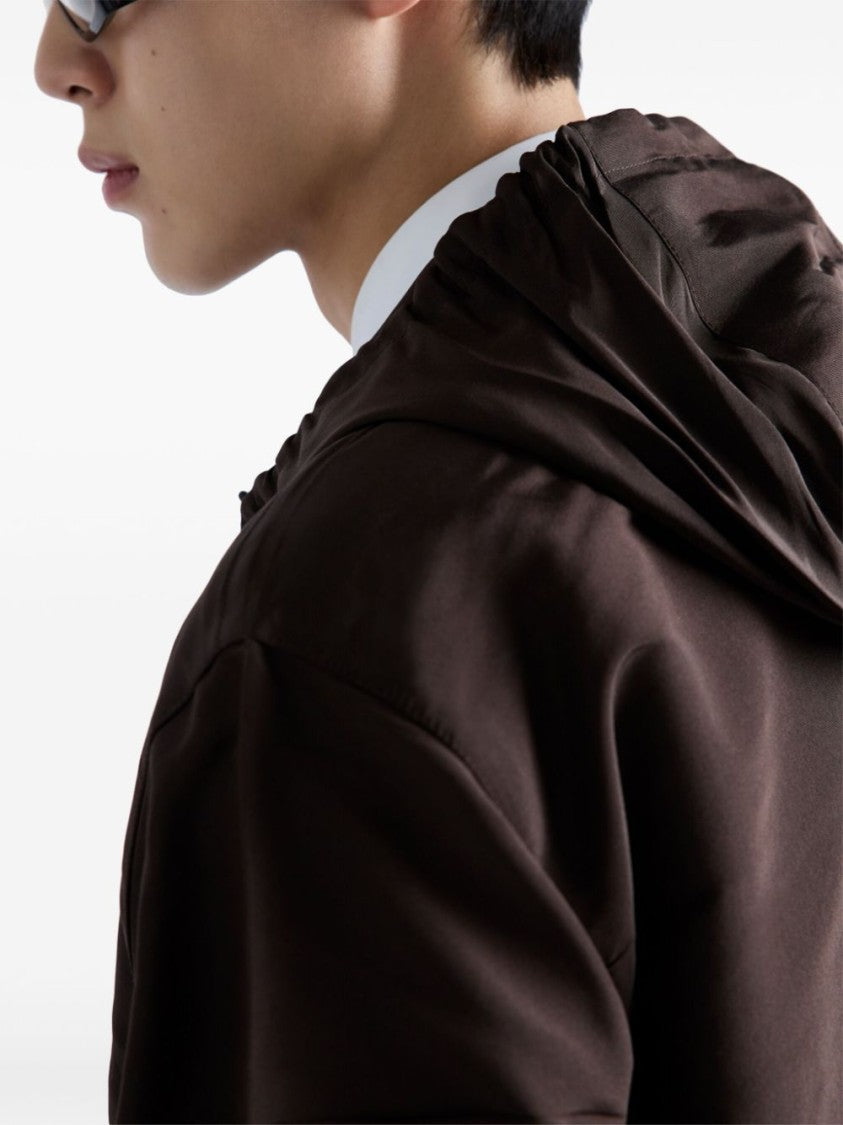 Prada Mid-Thigh Brown Zip-Up Coat With Hood And Subtle Branding