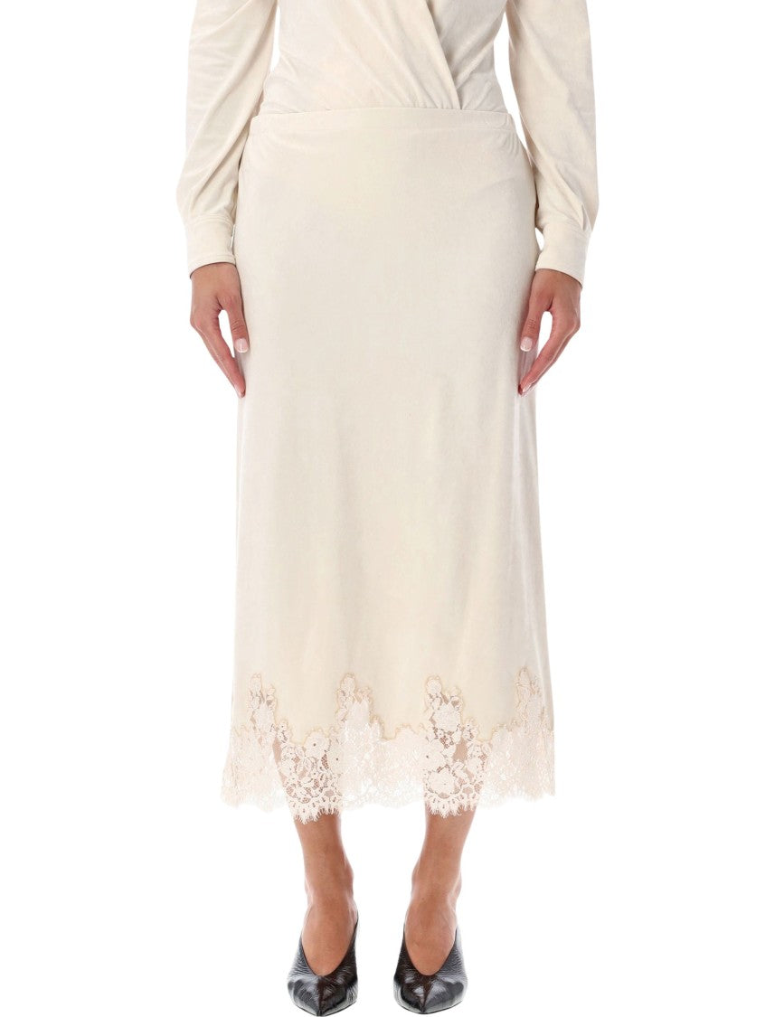 Alberta Ferretti Velvet Lace-Trim Midi Skirt