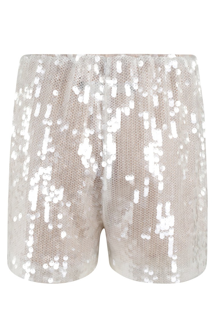 Federica Tosi Sequined White Mesh Shorts With Elasticized Waistband