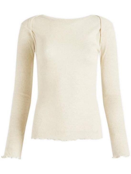 Baserange Ribbed Long-Sleeve Top With Wide Neckline And Lettuce-Edge Detail