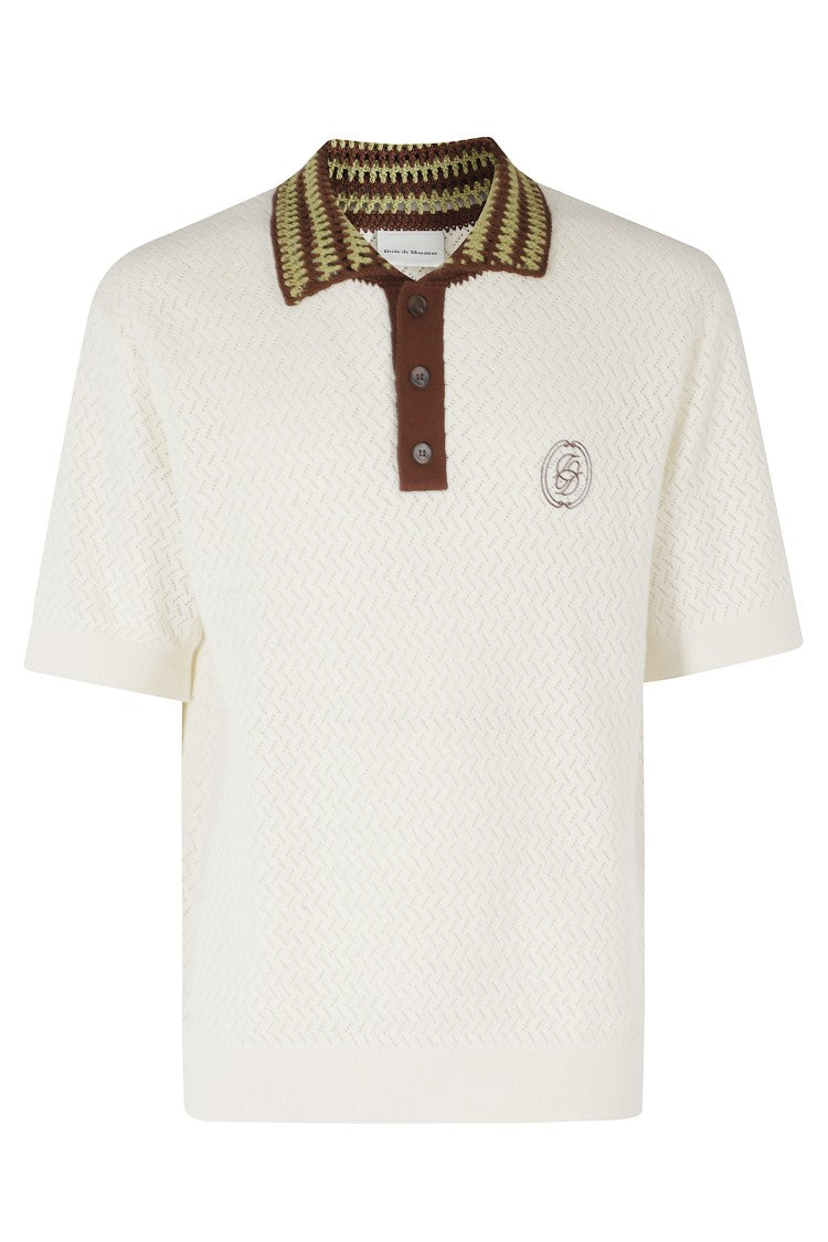 Drôle De Monsieur Cream Crochet Perforated Embroidered-Logo Cotton Polo Shirt