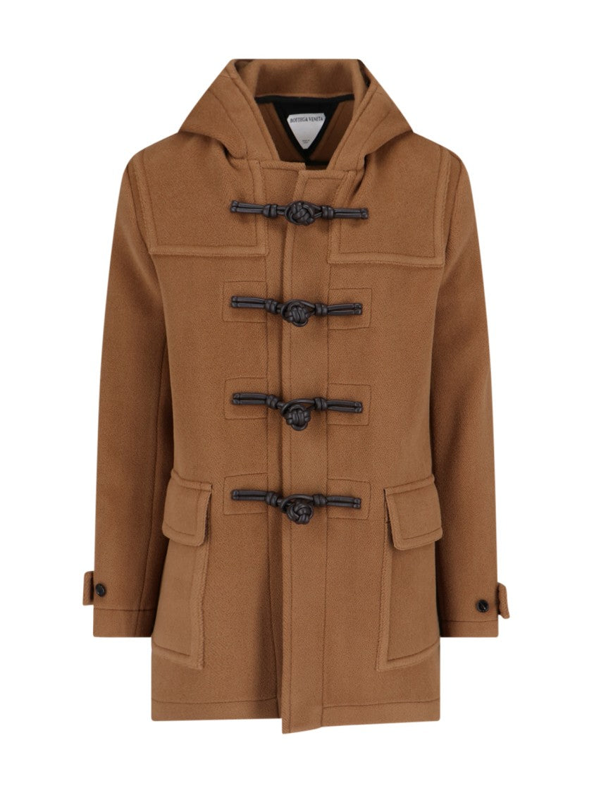 Bottega Veneta Brown Wool Duffle Coat With Hood And Braided Leather Fastenings