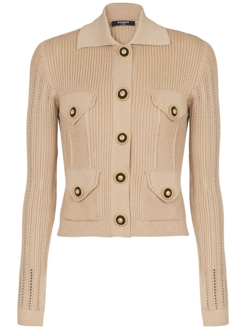 Balmain Cropped Ribbed Knit Sweater With Classic Collar And Button Details