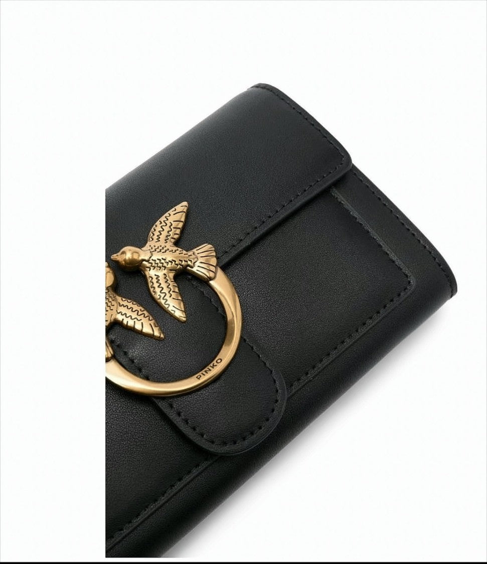 Pinko Rectangular Black Wallet With Removable Gold Chain