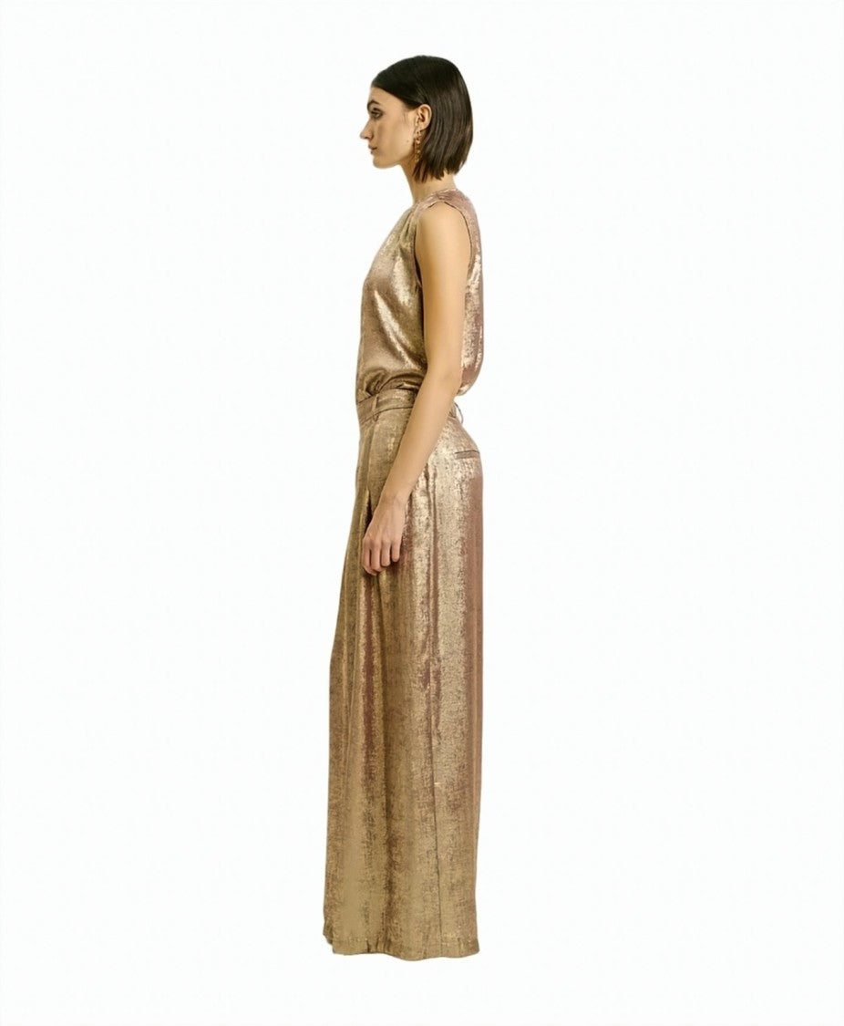 Momonì Laminated Pleated Side-Zip Wide-Leg Pants