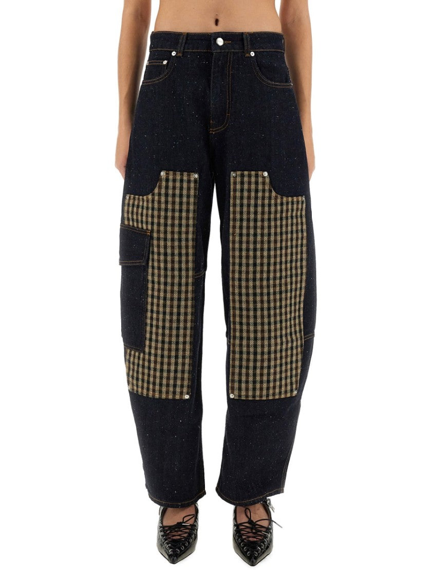 Ganni Wide-Leg Organic Cotton Pants With Checkered Patch Pockets