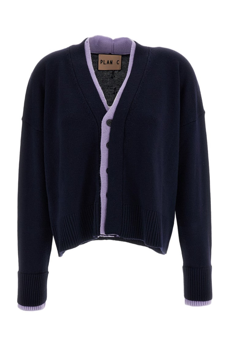 Plan C Blue Lilac Layered V-Neck Wool Cardigan