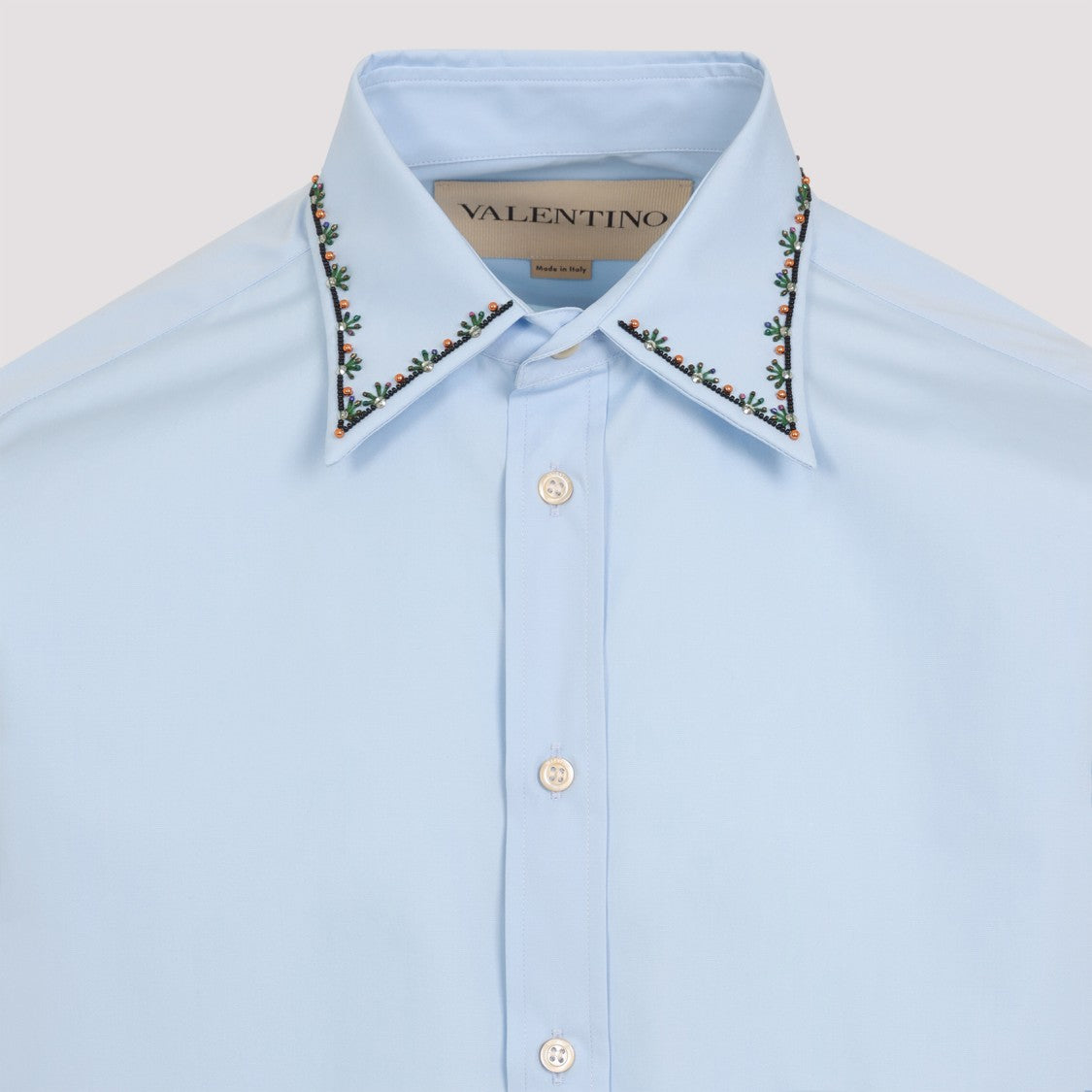 Valentino Light Blue Cotton Shirt With Mini-Bead Embroidery