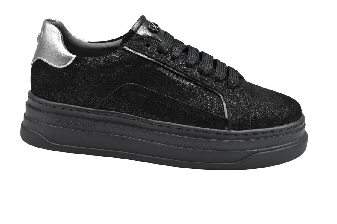 Janet & Janet Black Textured Low Sneakers With Lace-Up Design
