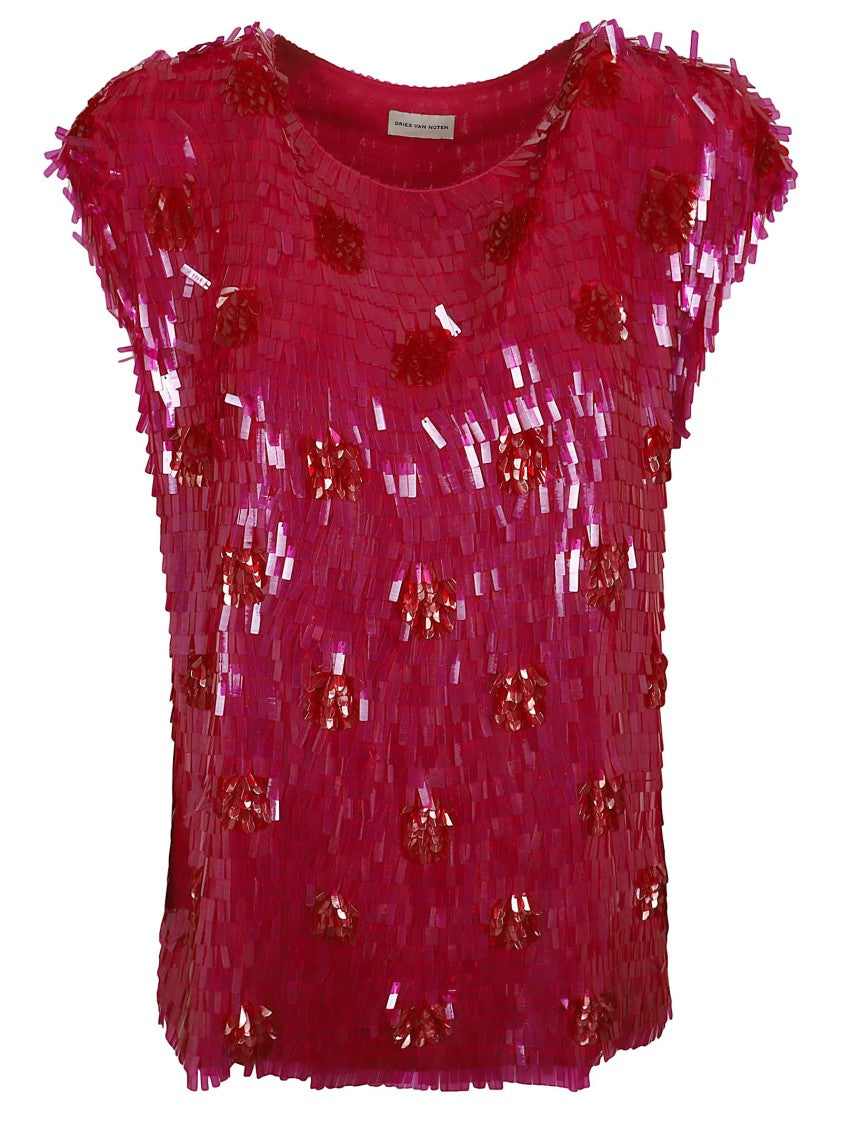 Dries Van Noten Fuchsia Sequin-Embellished Sleeveless Top