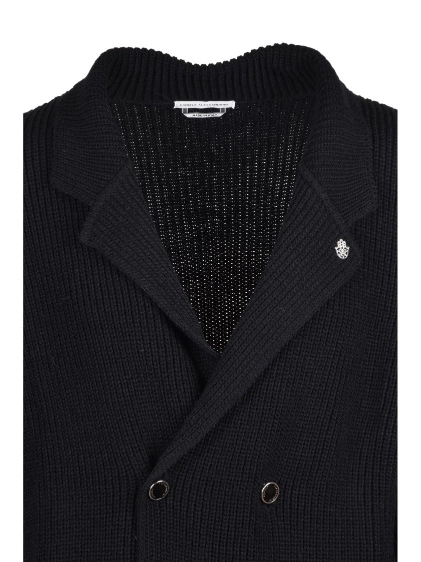 Daniele Alessandrini Black Wool-Blend Double-Breasted Shawl Collar Cardigan