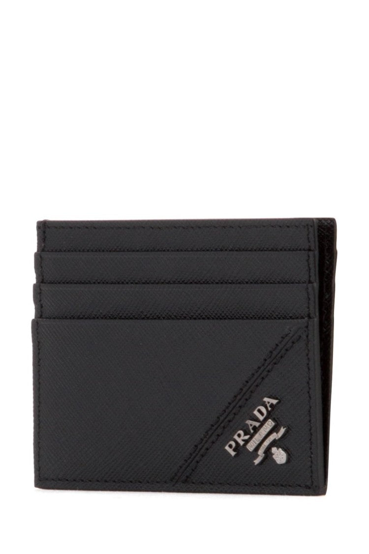 Prada Textured Black Card Wallet With Metallic Logo Detail